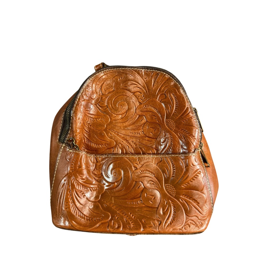 Patricia Nash Tan Tooled Leather Dome Backpack Crossbody Bag Floral